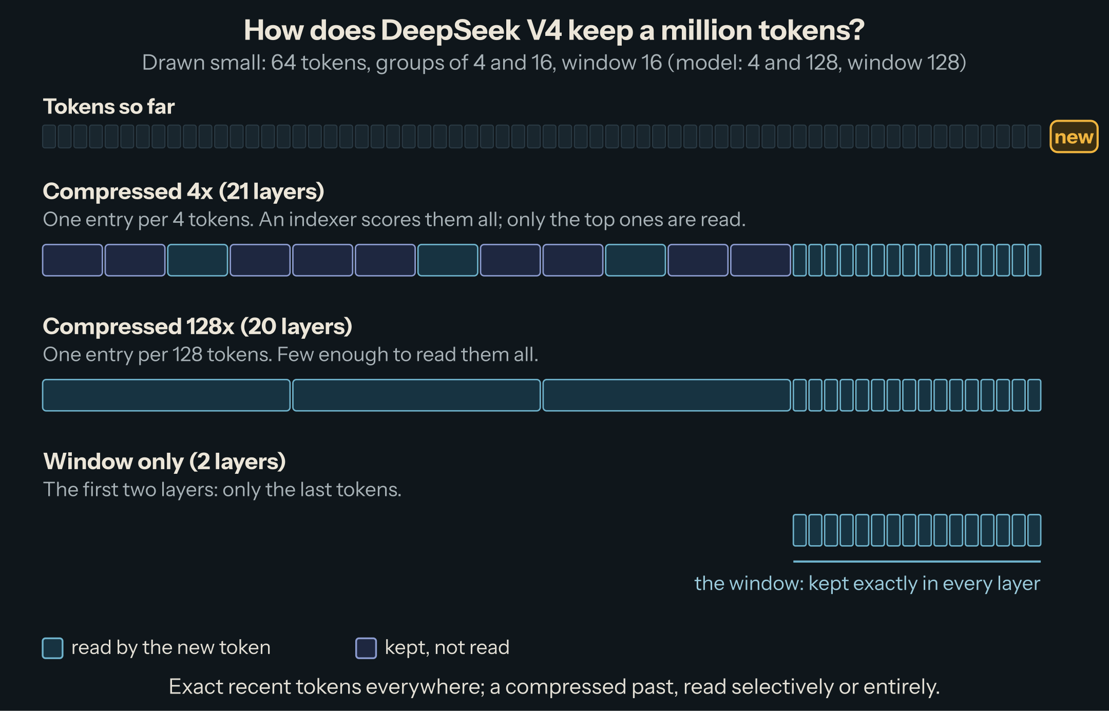 DeepSeek V4 keeps the last tokens exactly in every layer; compressed 4x layers read only the entries an indexer picks; compressed 128x layers read all their entries
