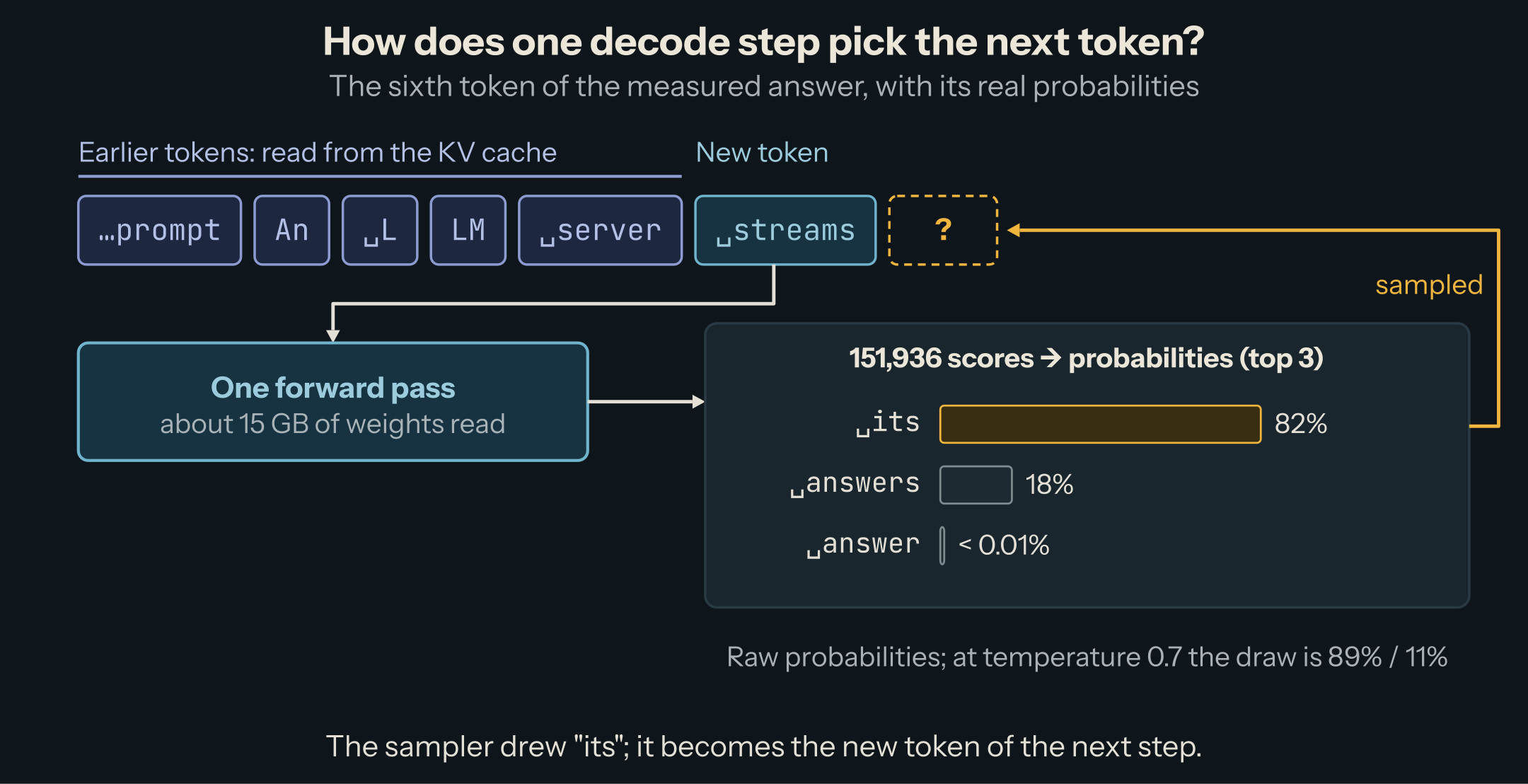 One decode step: the earlier tokens (the prompt, then An, L, LM, server) are read from the KV cache; the new token, streams, goes through one forward pass that reads about 15 GB of weights; the pass gives 151,936 scores, turned into probabilities. Top three: its 82%, answers 18%, answer below 0.01%. The sampled token, its, goes back into the sequence.